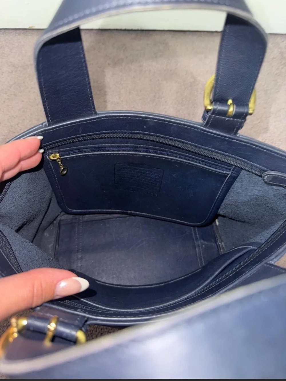 Coach vintage Waverly handbag in navy blue leather with gold hardware